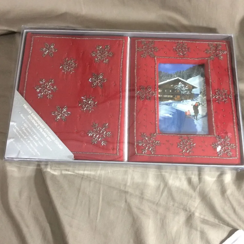Vintage Deluxe Embroidered Red Velvet Snowflake Journal & Picture Frame Set NOS
